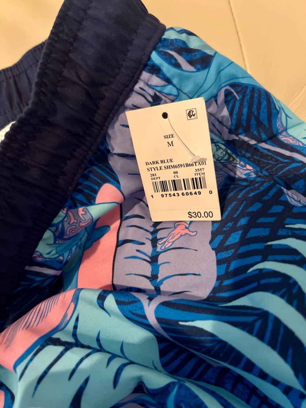 Batman Men’s Swim Trunks Medium - Navy, Light Blue & Pink Tropical Print - Picture 7 of 11
